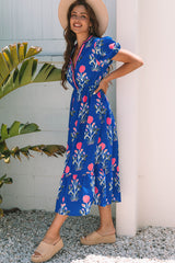 Sky Blue Floral Puff Short Sleeve V Neck High Waist Maxi Dress
