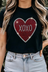 Black Rhinestone XOXO Heart Graphic Crewneck Tee