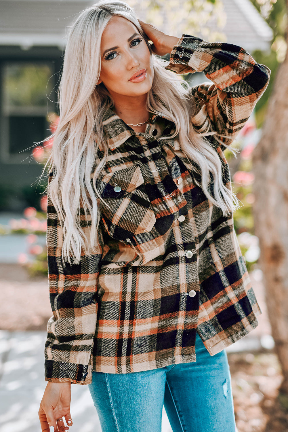 Geometric Plaid Print Pocketed Shacket