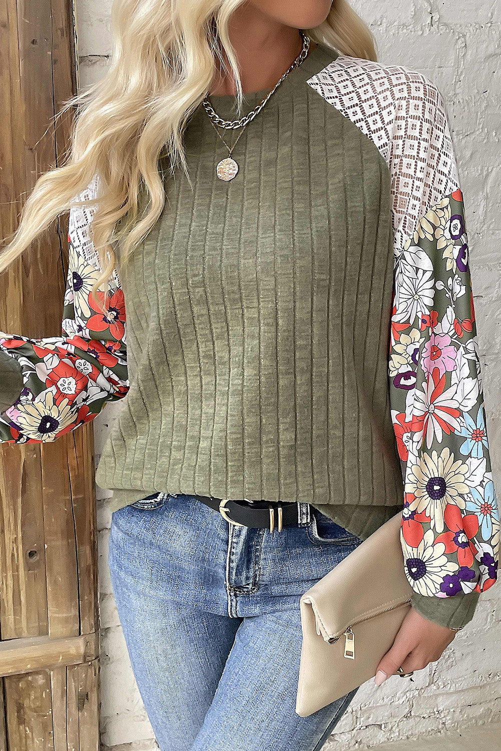 Parchment Floral Patchwork Long Sleeve Ribbed Blouse
