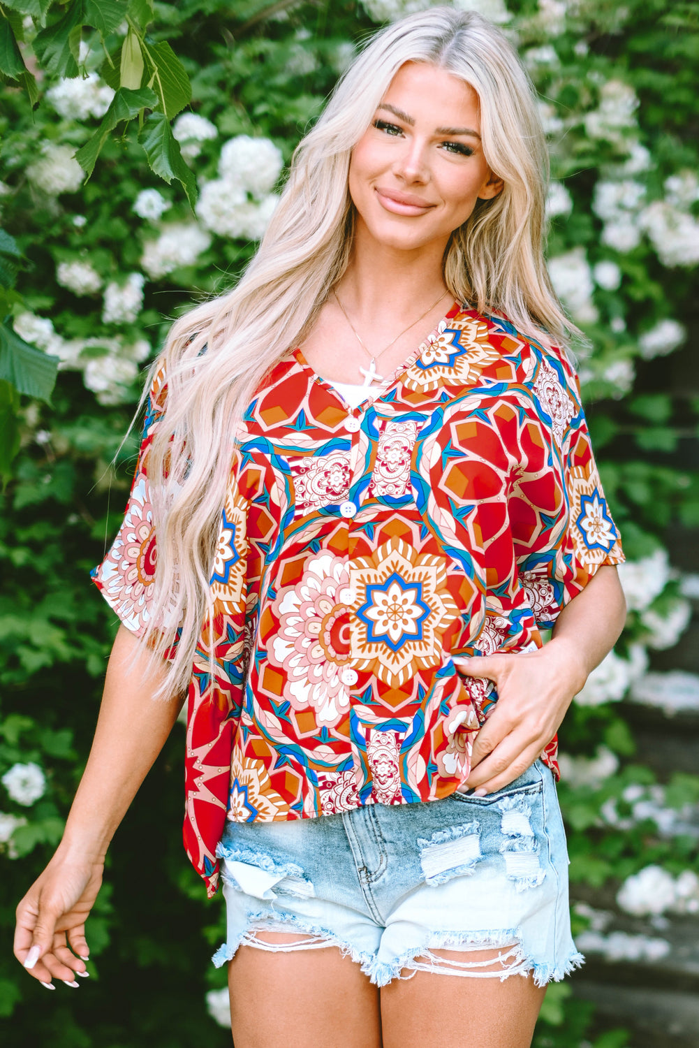 Red Floral Print Batwing Sleeve V Neck Blouse