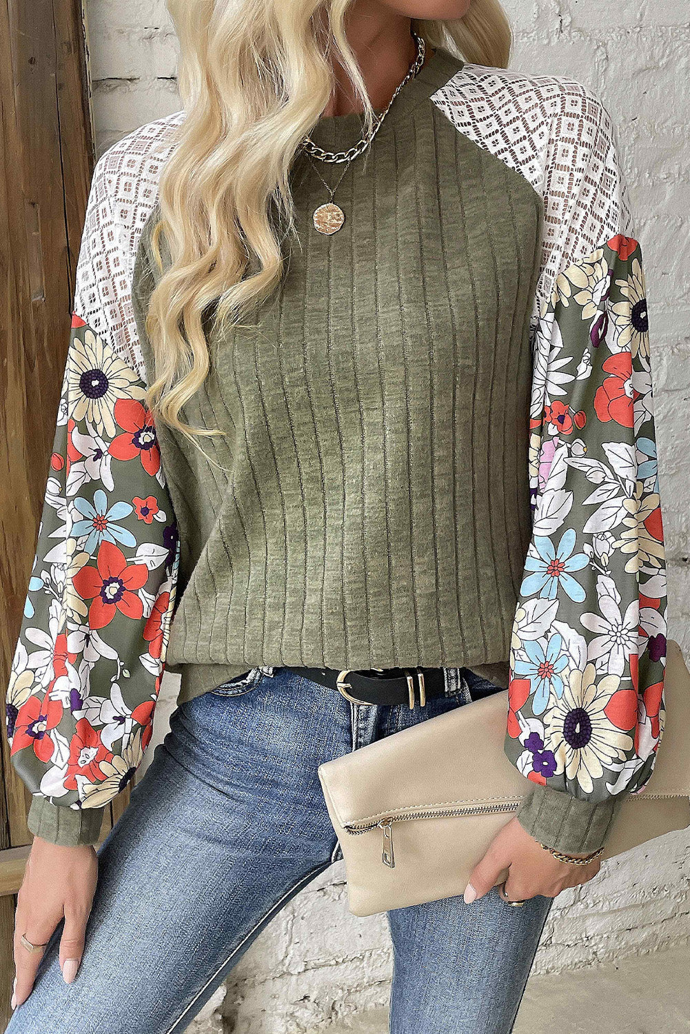 Parchment Floral Patchwork Long Sleeve Ribbed Blouse