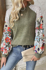 Parchment Floral Patchwork Long Sleeve Ribbed Blouse