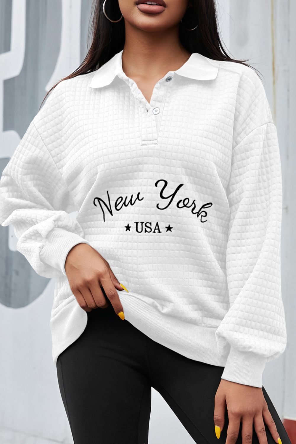 NEW YORK USA Button Detail Long Sleeve Sweatshirt