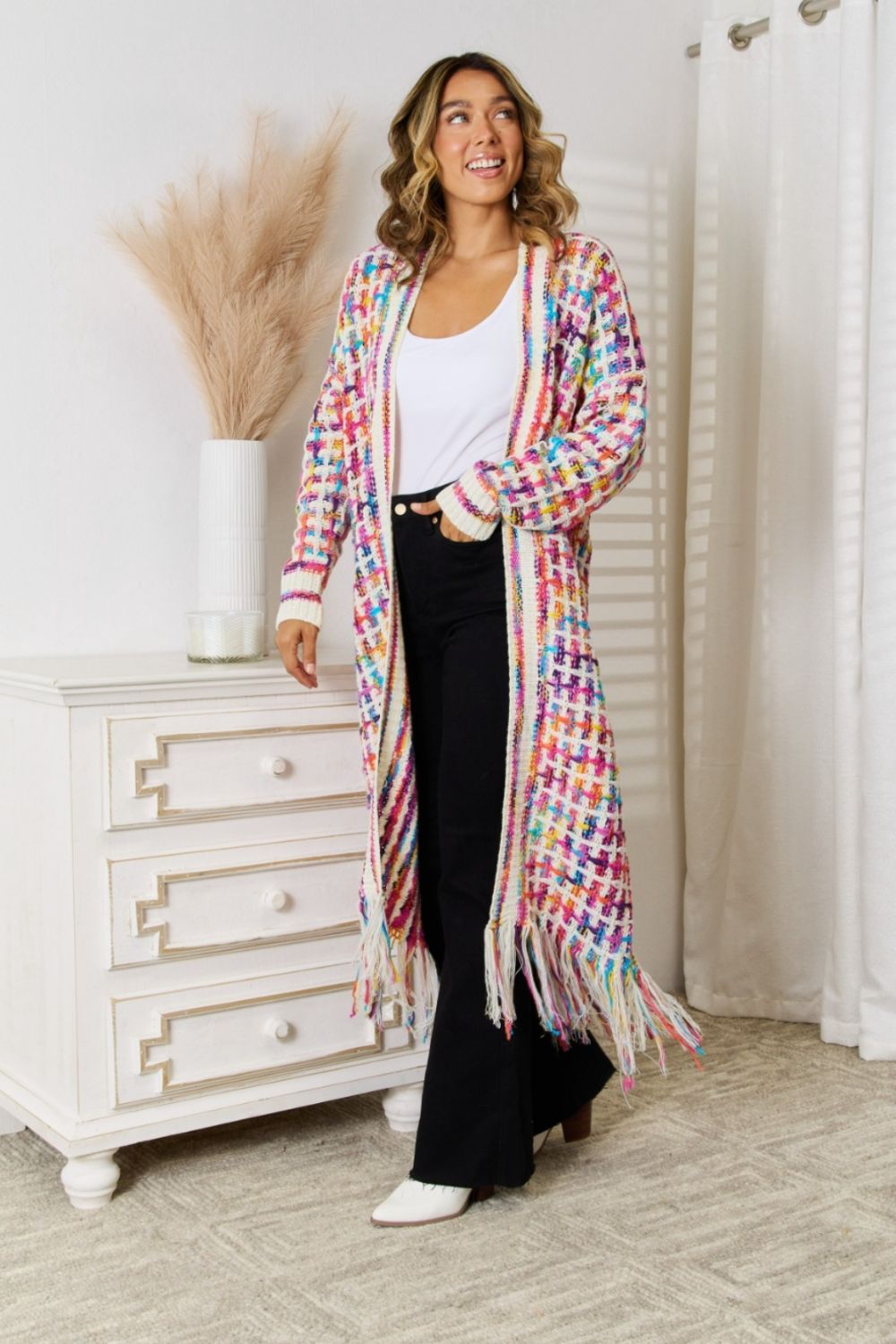 Angel Wings Full Size Multicolored Open Front Fringe Hem Cardigan