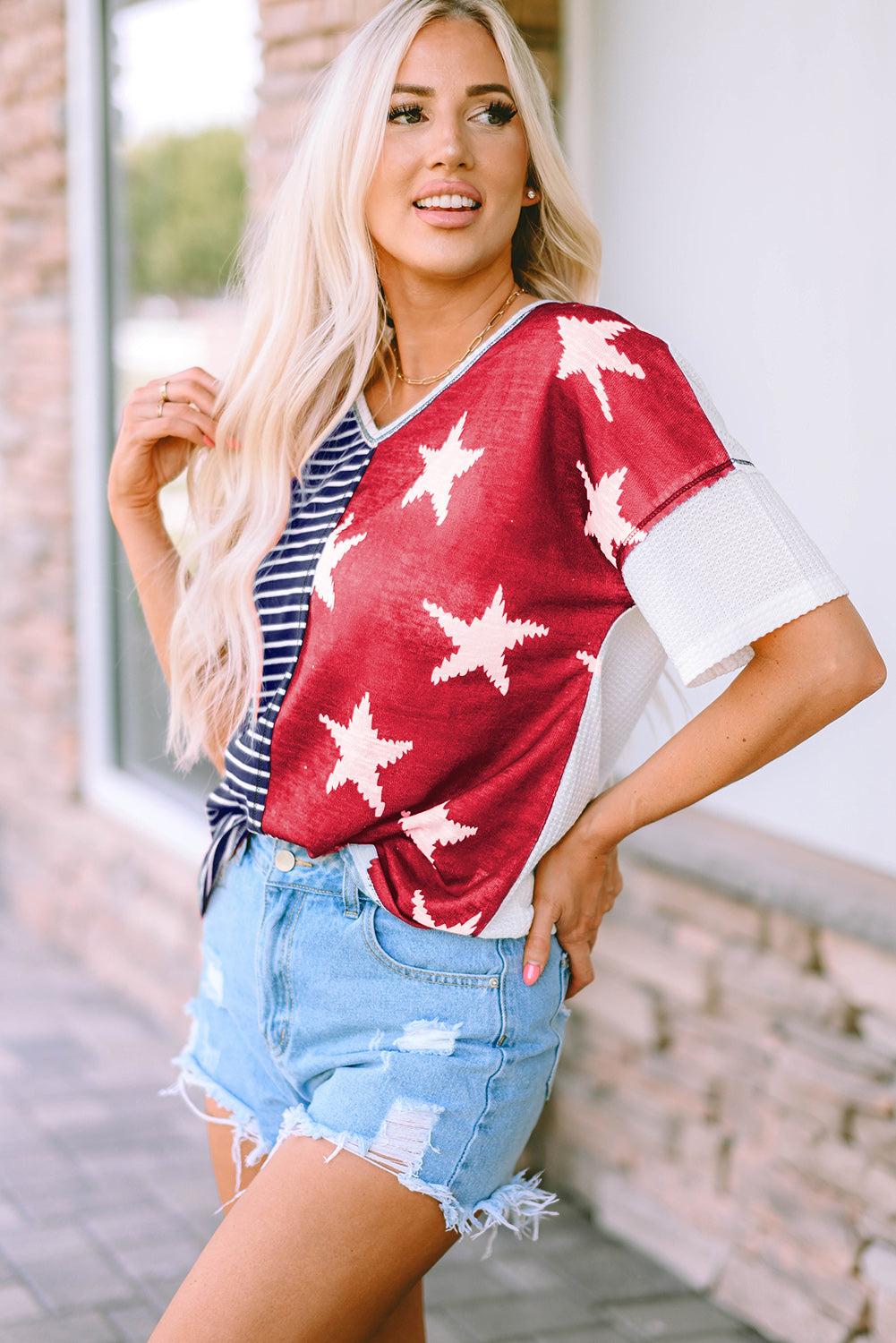 Multicolor Stripes Stars Print Knit Short Sleeves Top