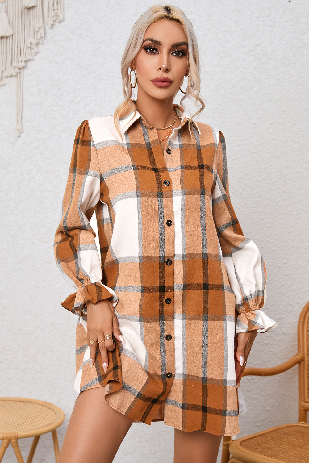 Khaki Plaid Pattern Collared Neck Ruffled Sleeve Shirt Dress