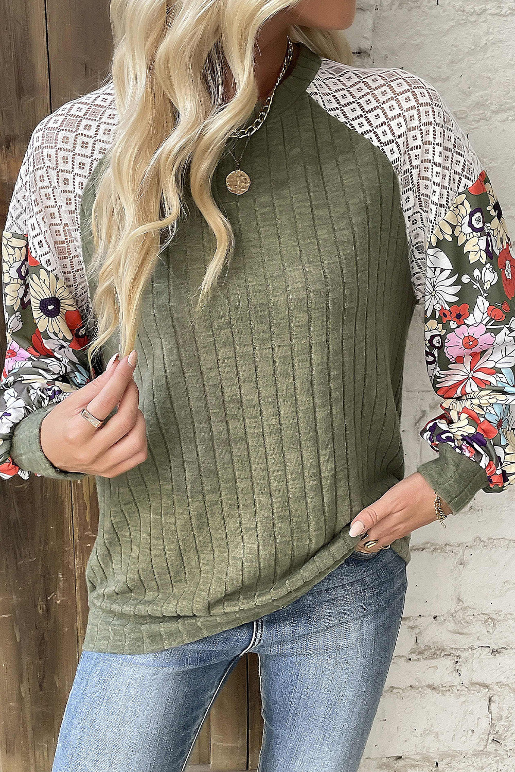 Parchment Floral Patchwork Long Sleeve Ribbed Blouse