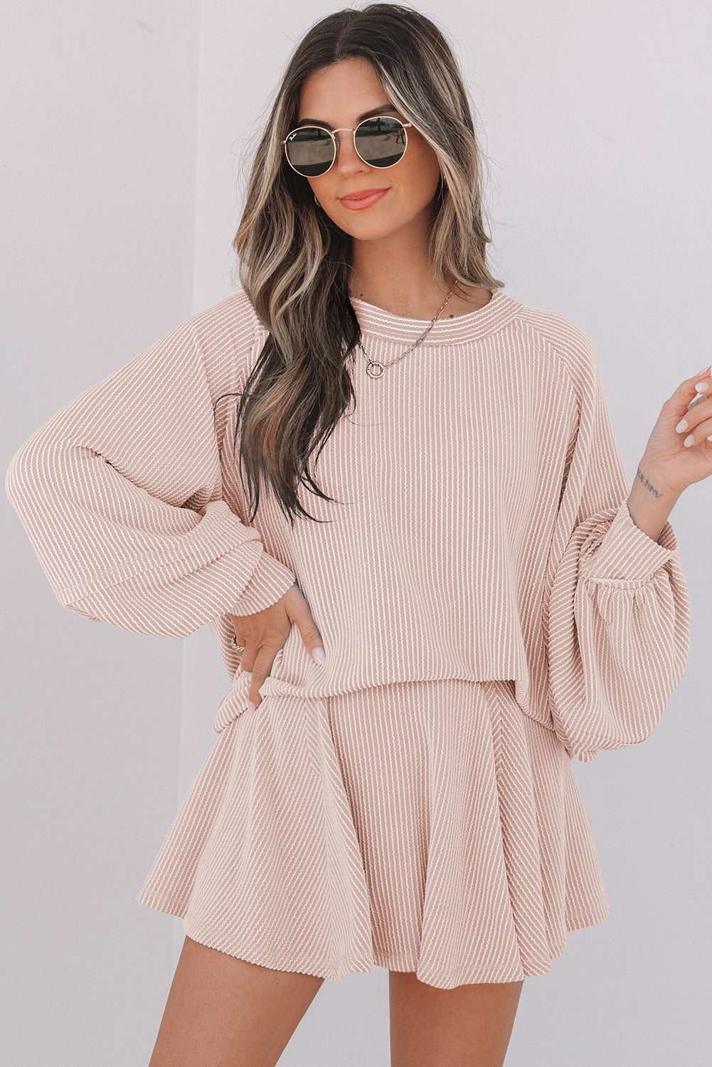 Sky Blue Corded Lantern Sleeve Top High Waist Ruffled Mini Skort Set