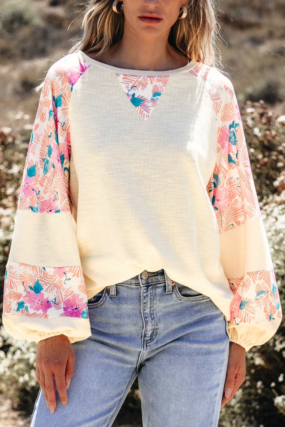 Beau Blue Textured Floral Patchwork Balloon Sleeve Blouse