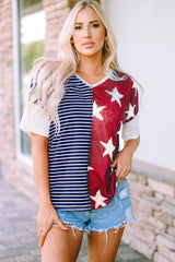 Multicolor Stripes Stars Print Knit Short Sleeves Top