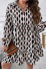 Apricot Geometric Print Collared V Neck Plus Size Mini Dress