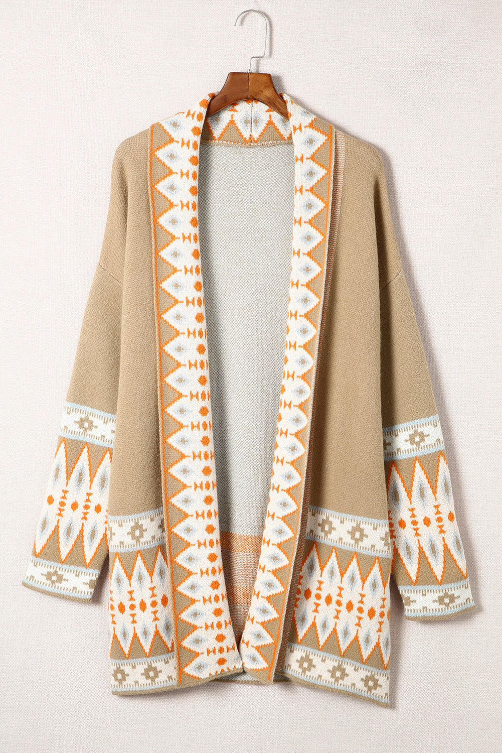 Gray Aztec Print Open Front Knitted Cardigan