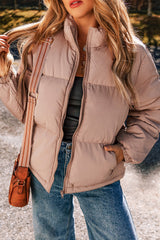 Apricot Pink Full Zipper Quilted Puffer Jacket