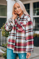 Fiery Red Geometric Plaid Print Pocketed Shacket