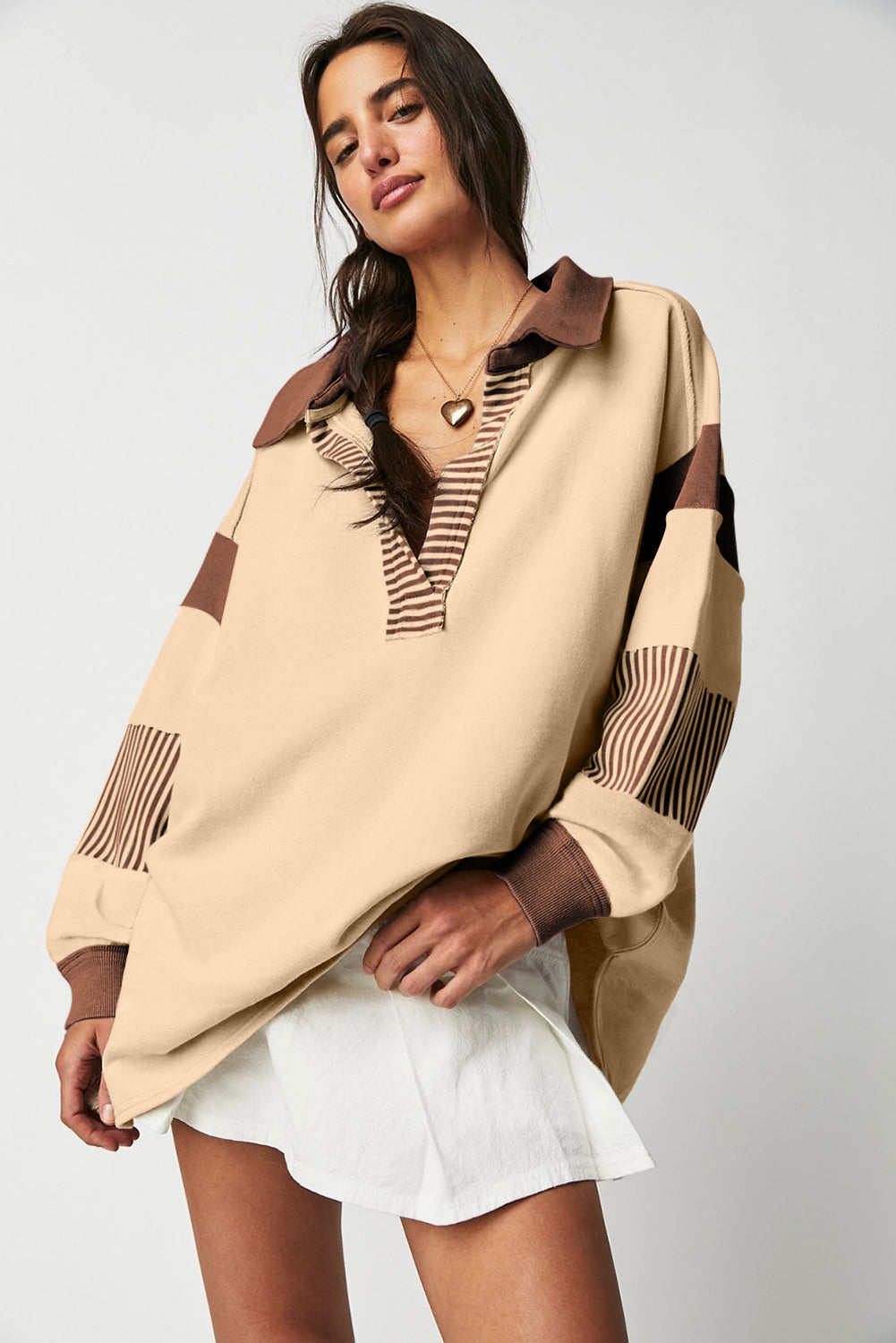 Dark Blue Striped Colorblock Patchwork Collar Sweatshirt