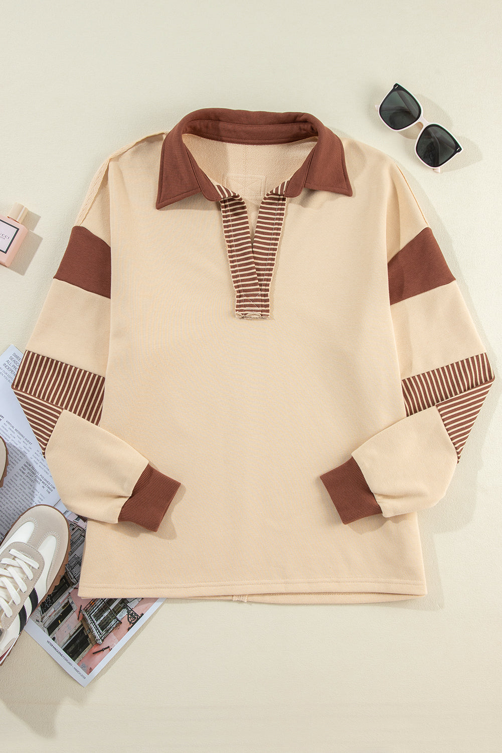 Dark Blue Striped Colorblock Patchwork Collar Sweatshirt