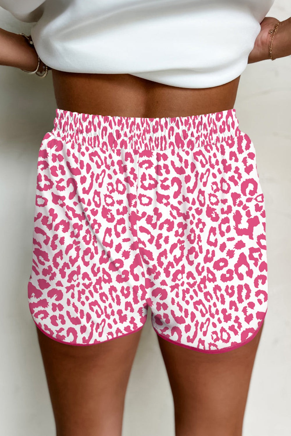 White Leopard Elastic Waistband Lace up Contrast Trim Casual Shorts