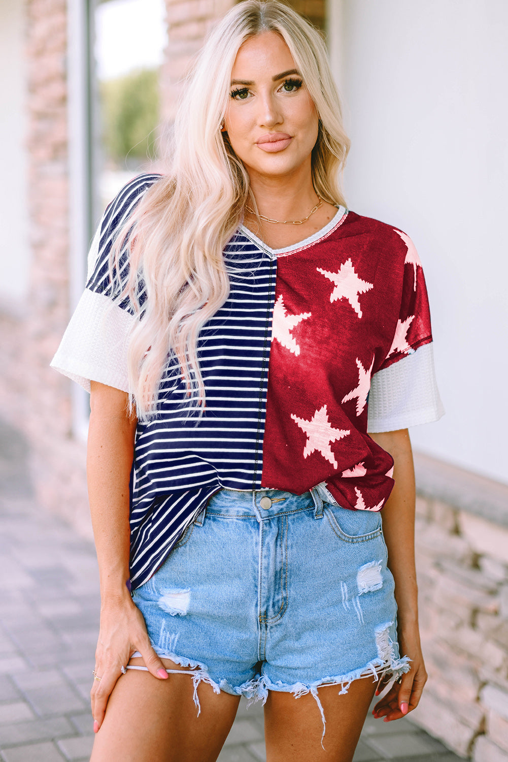 Multicolor Stripes Stars Print Knit Short Sleeves Top