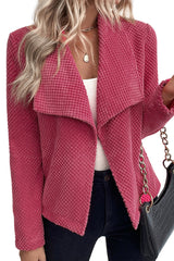 Strawberry Pink Fleece Textured Lapel Collar Open Front Jacket