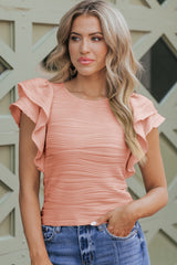 Apricot Pink Wavy Textured Ruffle Sleeve Top