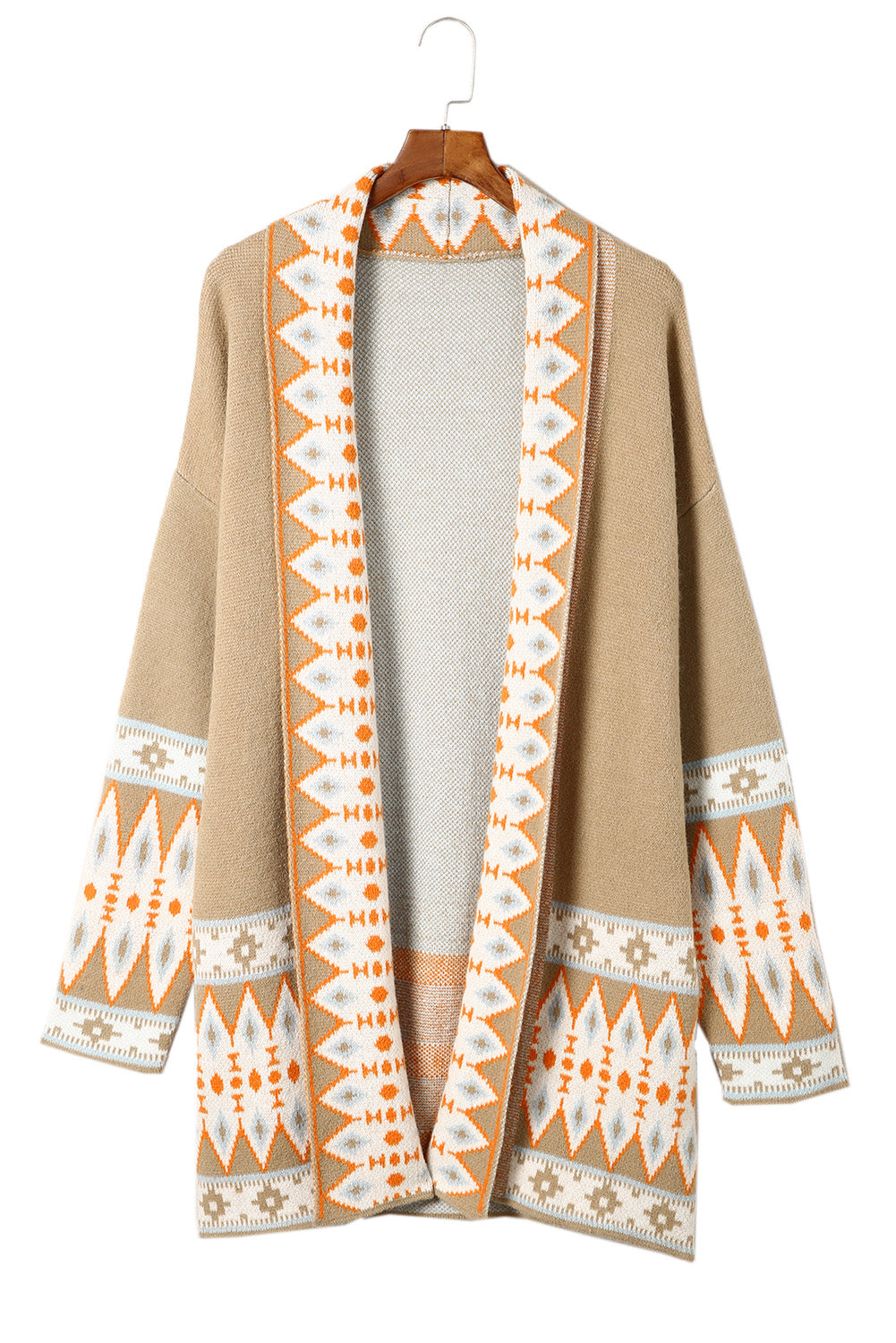 Gray Aztec Print Open Front Knitted Cardigan