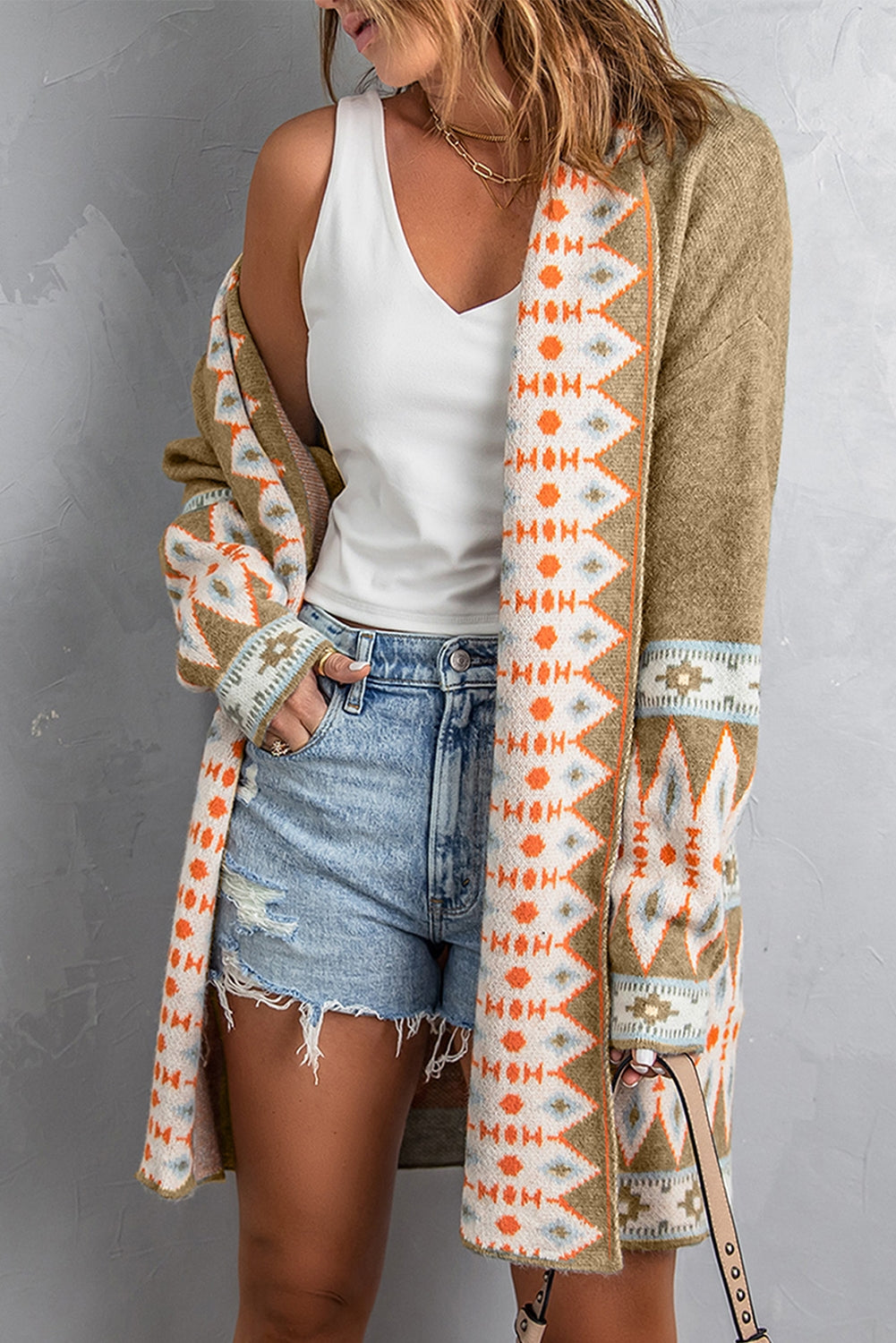 Gray Aztec Print Open Front Knitted Cardigan