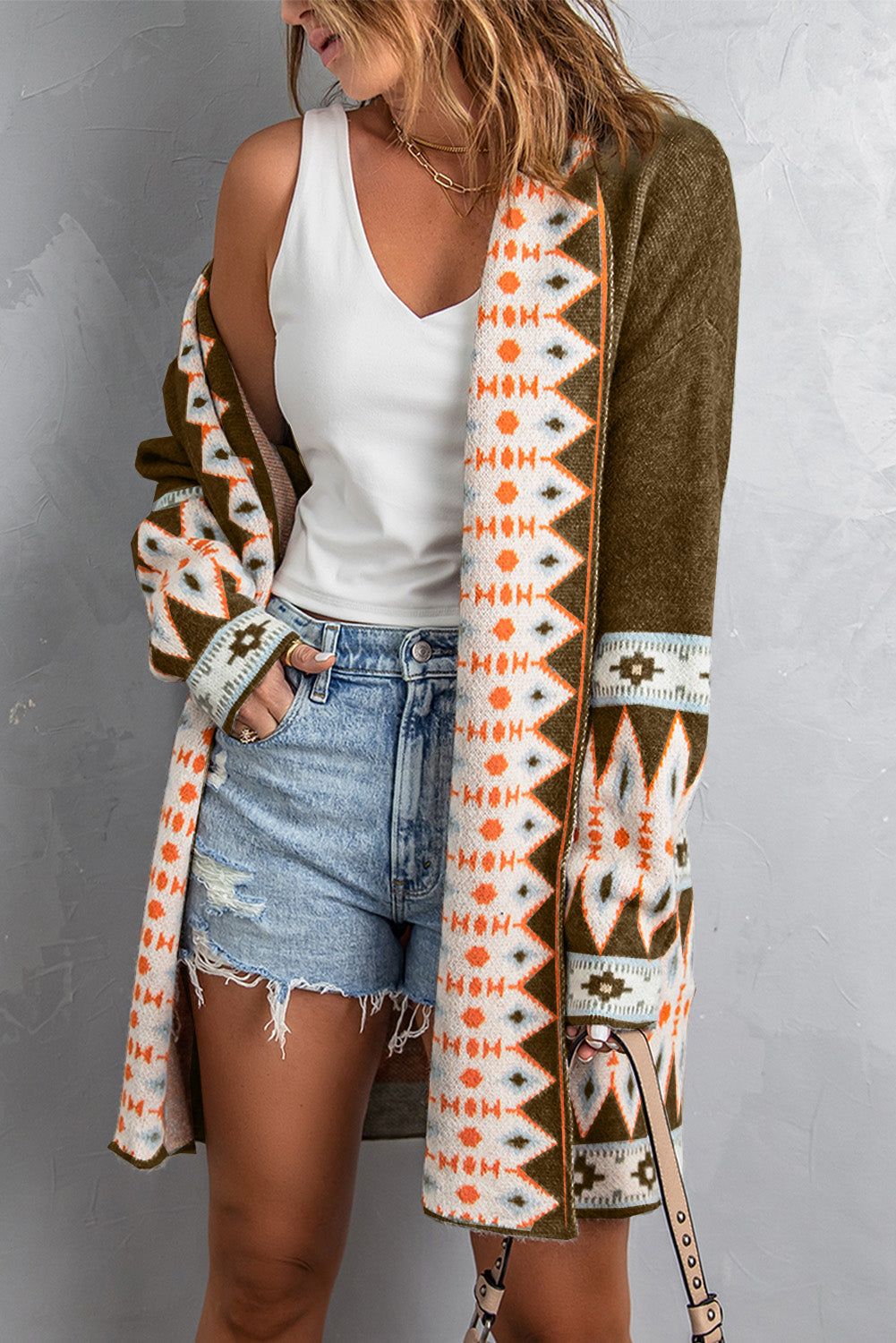 Gray Aztec Print Open Front Knitted Cardigan