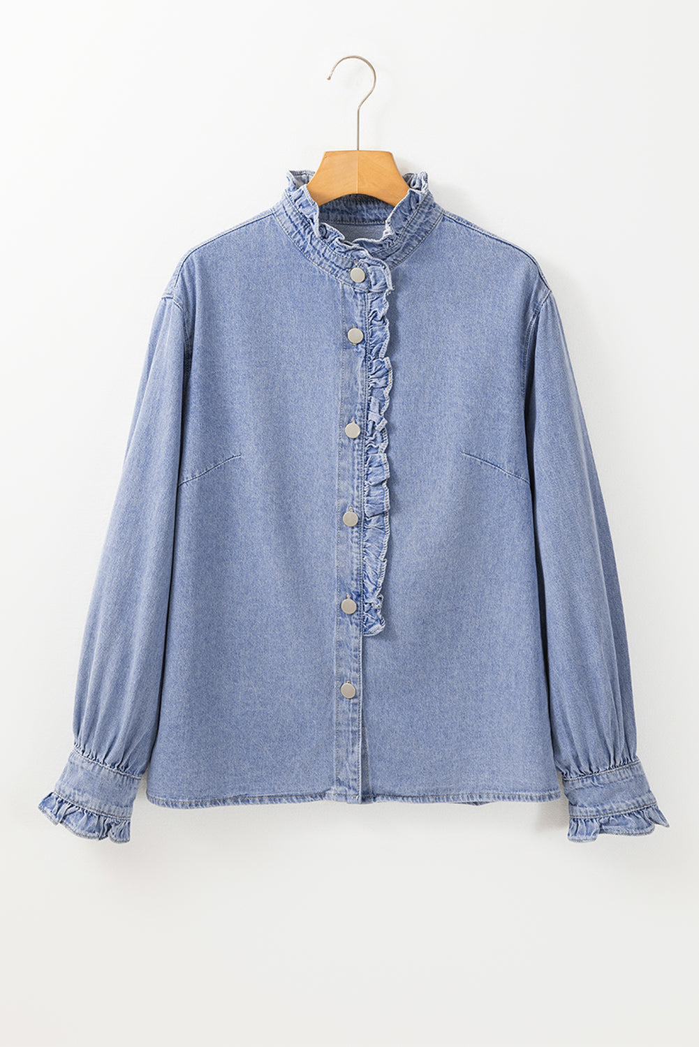 Beau Blue Ruffled Long Sleeve Denim Shirt with Button Closure