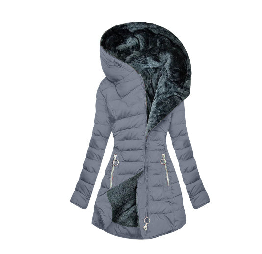 Women's Plush Hooded Mid-length Oblique Zipper Cotton-padded Coat