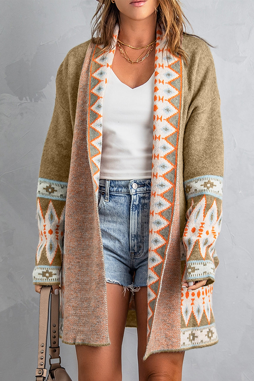 Gray Aztec Print Open Front Knitted Cardigan