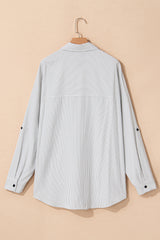 Plus Size White Striped Rolled Sleeve Button-Up Shirt