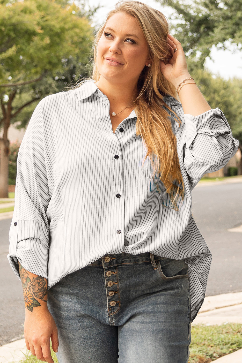 Plus Size White Striped Rolled Sleeve Button-Up Shirt