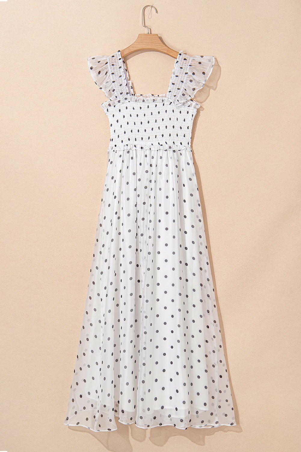 White Polka Dot Flutter Sleeve Square Neck Smocked Maxi Dress