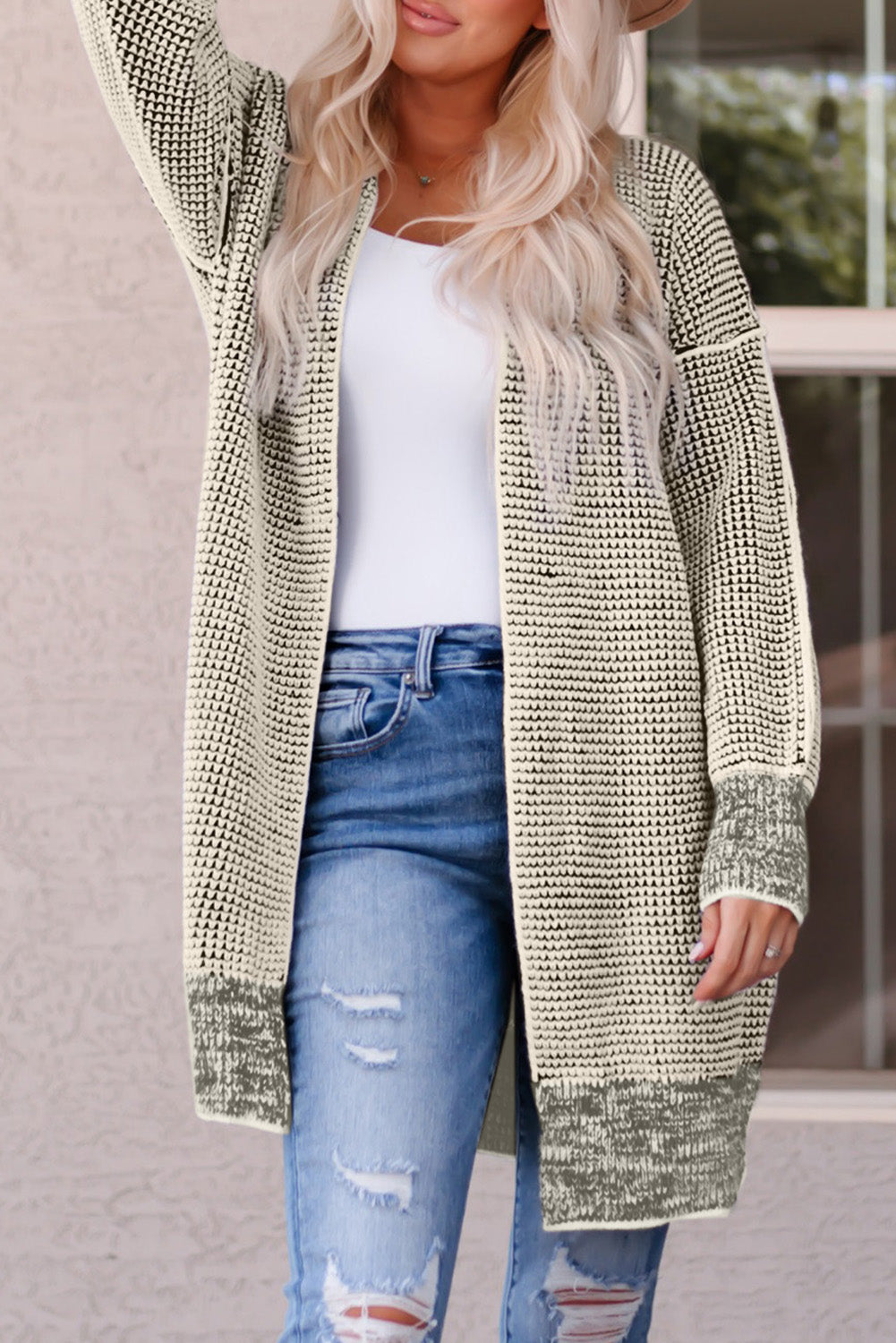 Apricot Plaid Knitted Long Open Front Cardigan