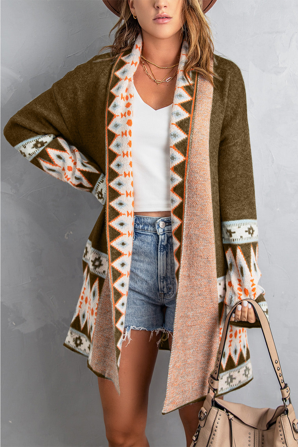 Gray Aztec Print Open Front Knitted Cardigan