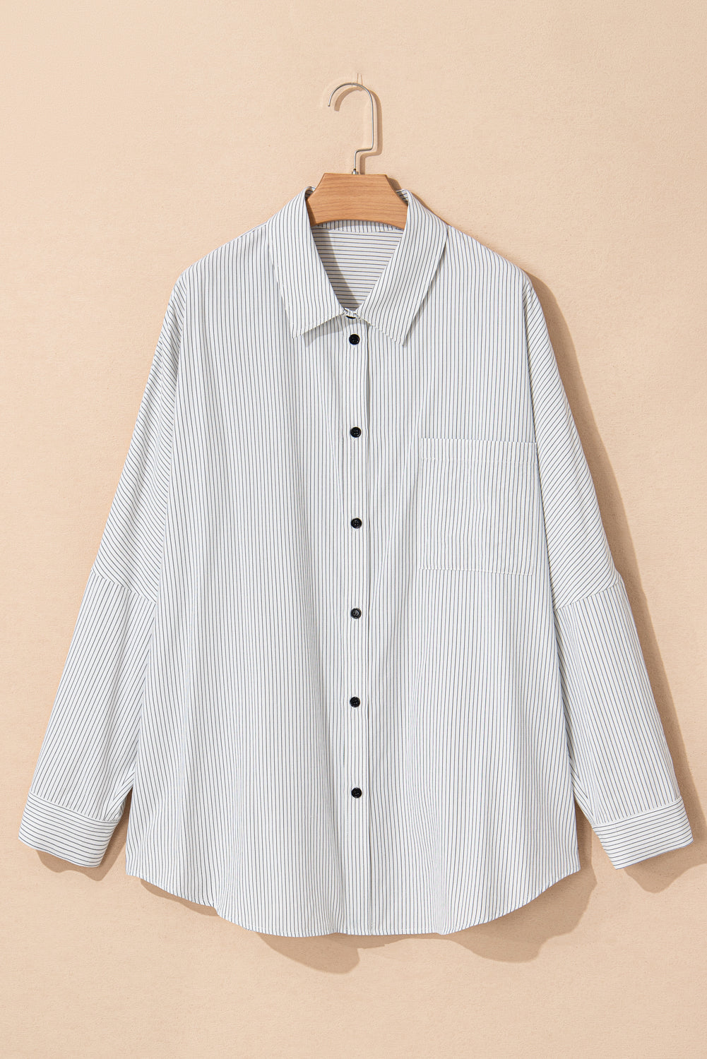 Plus Size White Striped Rolled Sleeve Button-Up Shirt