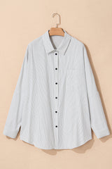 Plus Size White Striped Rolled Sleeve Button-Up Shirt