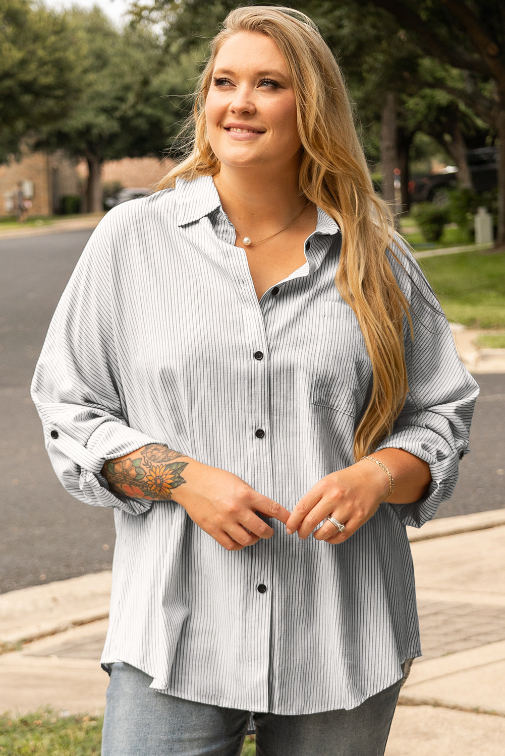 Plus Size White Striped Rolled Sleeve Button-Up Shirt