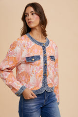 Annie Wear Floral Jacquard Denim Contrast Button Down Jacket