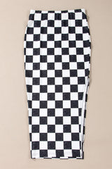 Rose Checkered Print Side Slit High Waist Midi Skirt