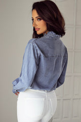 Beau Blue Ruffled Long Sleeve Denim Shirt with Button Closure