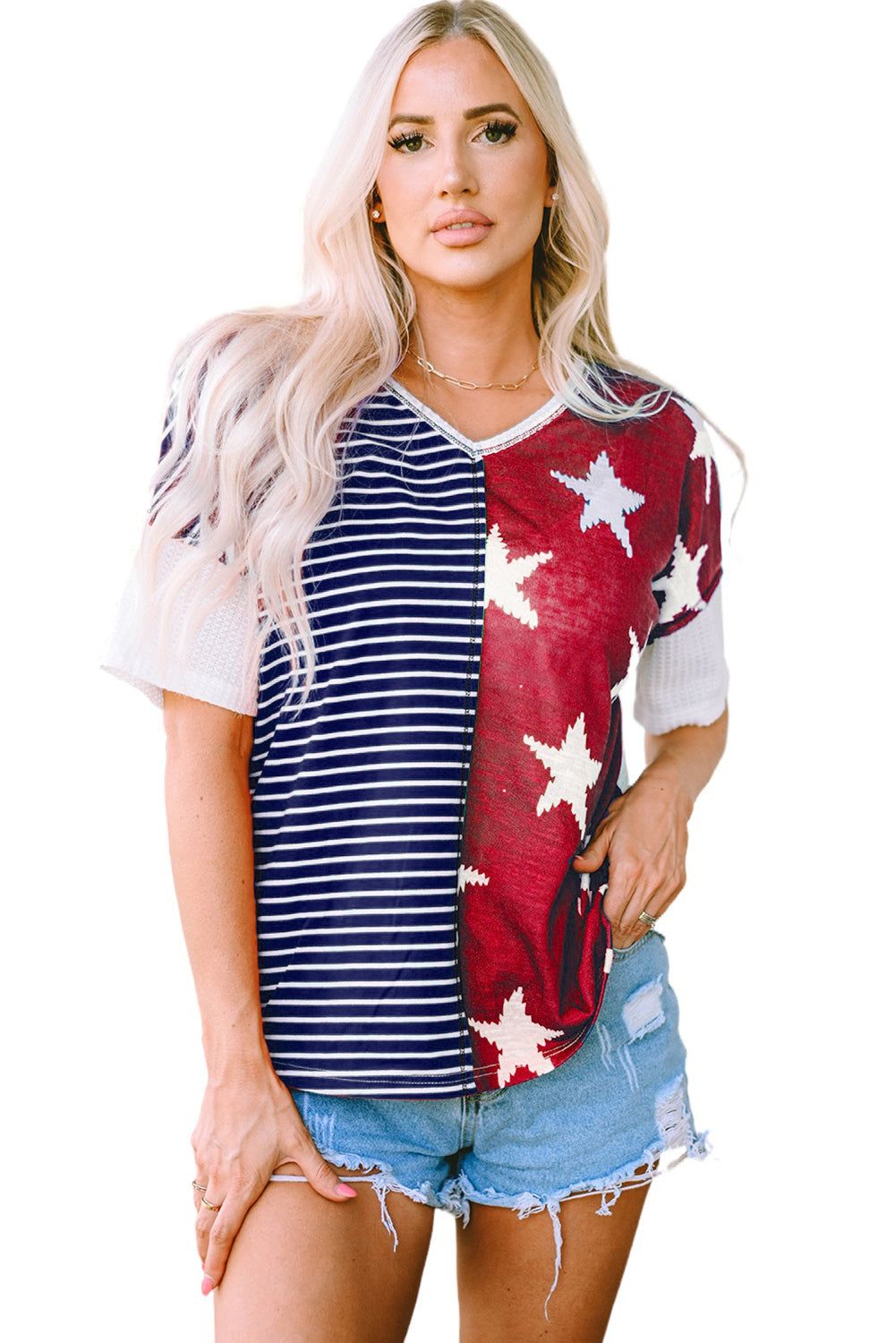 Multicolor Stripes Stars Print Knit Short Sleeves Top