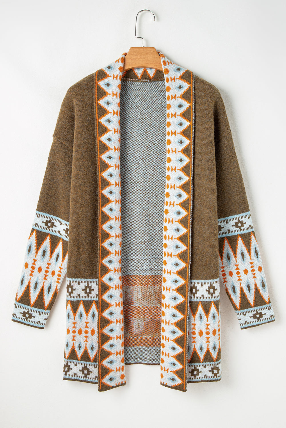 Gray Aztec Print Open Front Knitted Cardigan