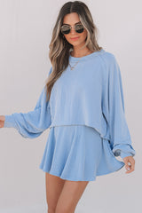 Sky Blue Corded Lantern Sleeve Top High Waist Ruffled Mini Skort Set