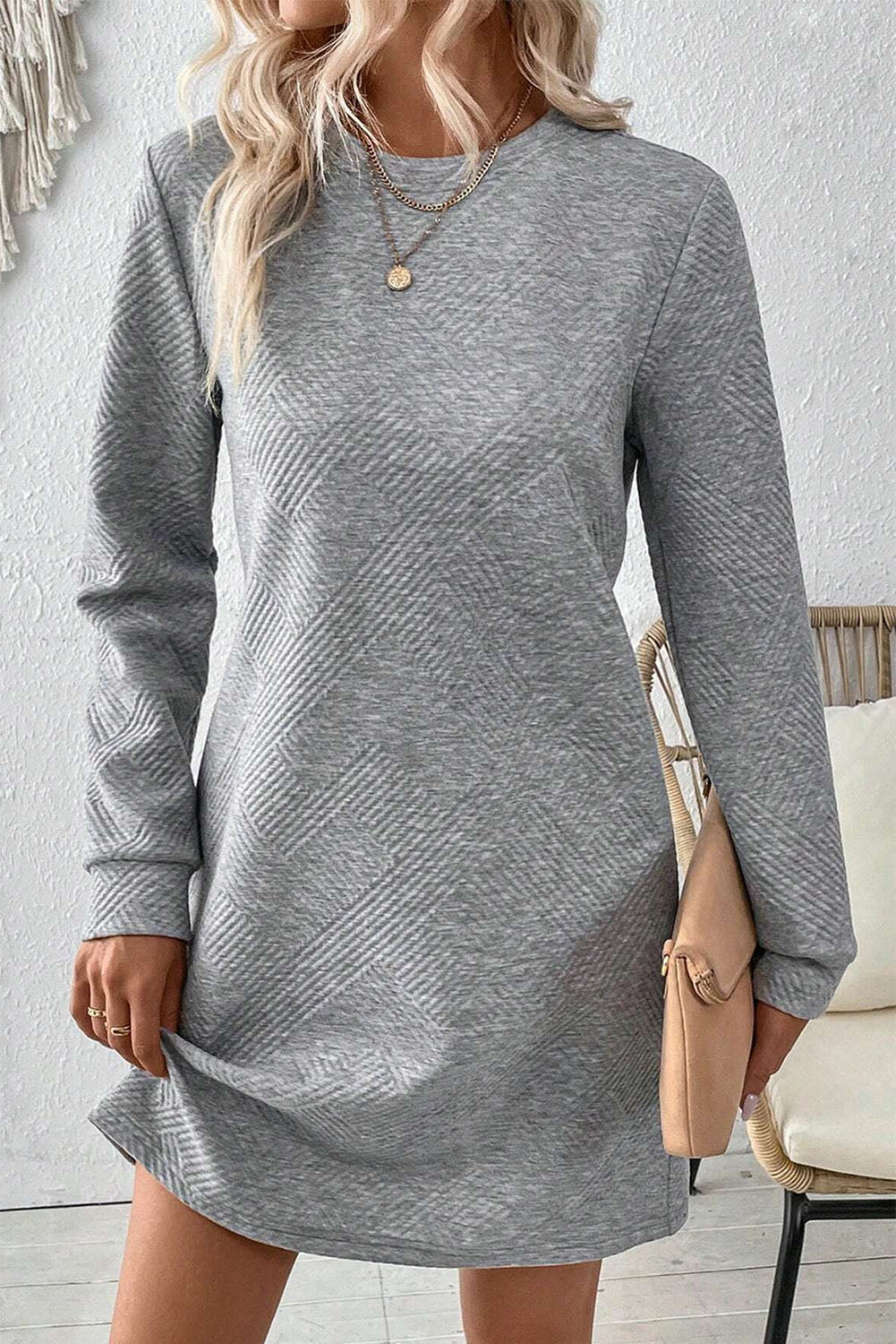 Apricot Textured Long Sleeve Mini Shift Dress