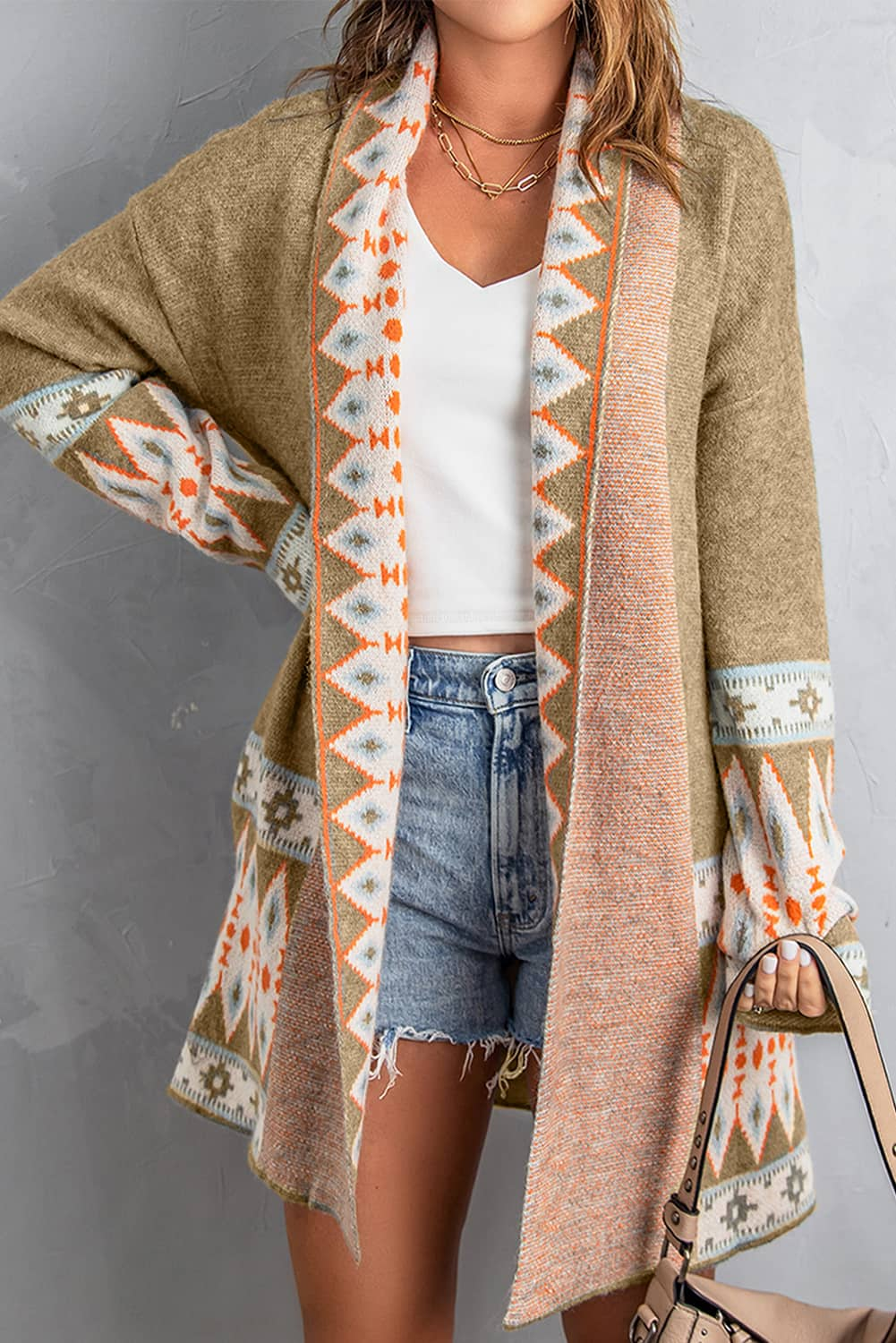 Gray Aztec Print Open Front Knitted Cardigan