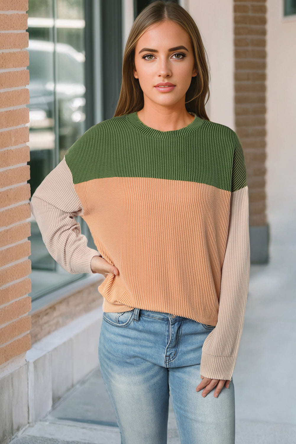 Black Color Block Long Sleeve Ribbed Loose Top