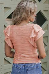 Apricot Pink Wavy Textured Ruffle Sleeve Top