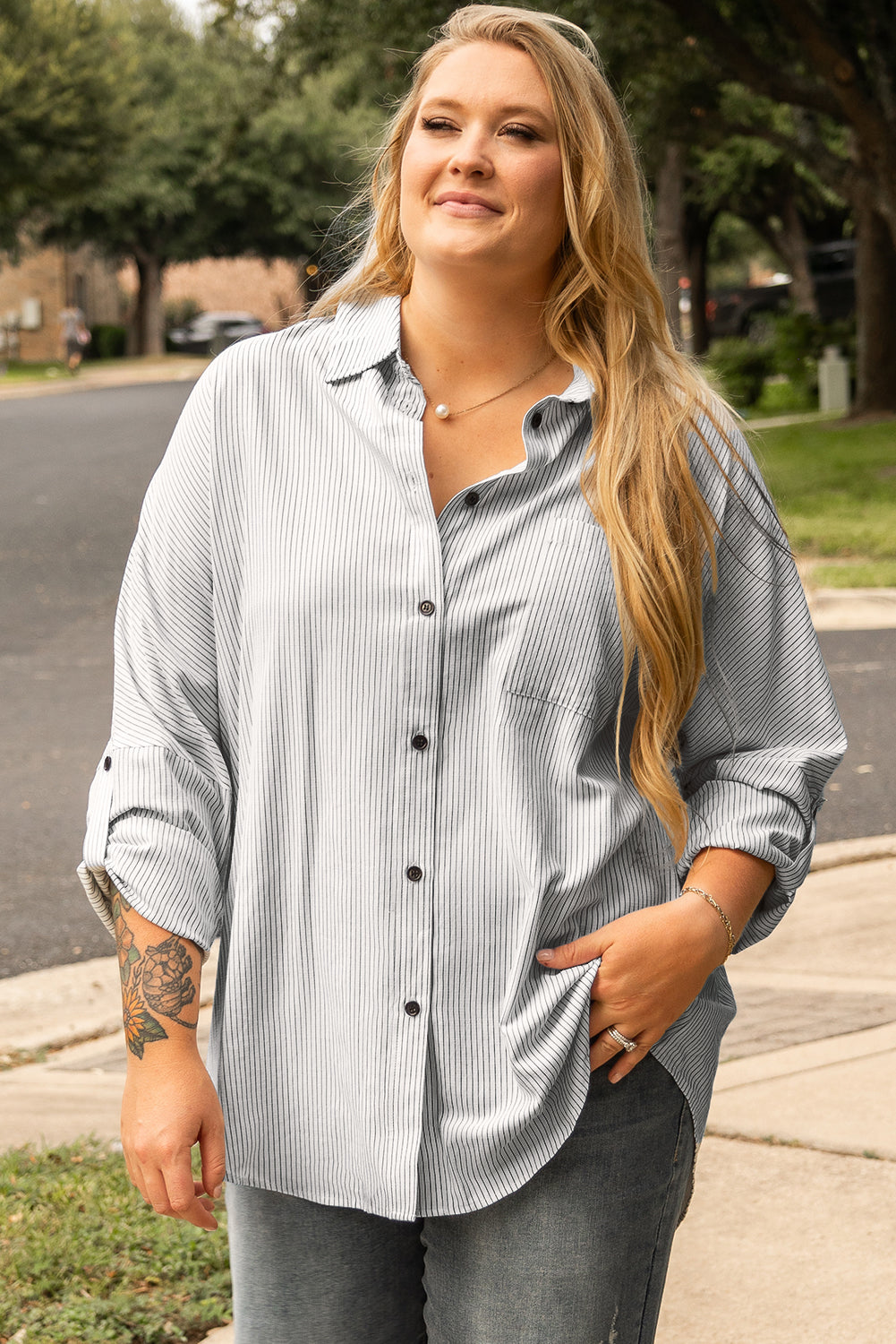 Plus Size White Striped Rolled Sleeve Button-Up Shirt